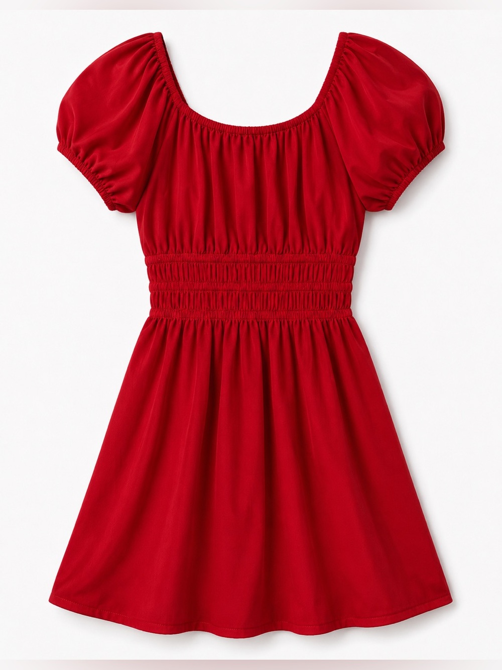 Girls Red Puff Sleeve Smocked Waist A-Line Dress Size 10 Short Sleeve Party